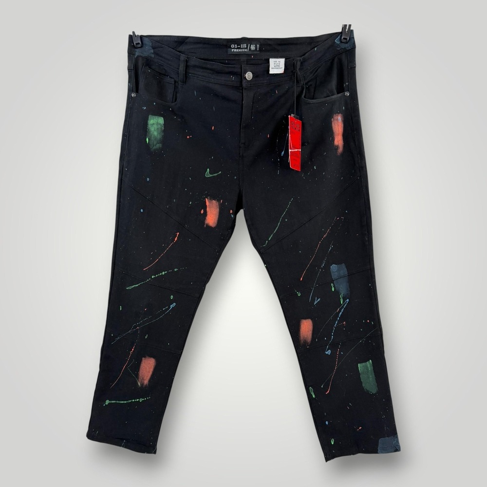 GS-115 Premium Jeans Mens 46 (48x31) Black Paint Splatter Stretch Tapered NEW